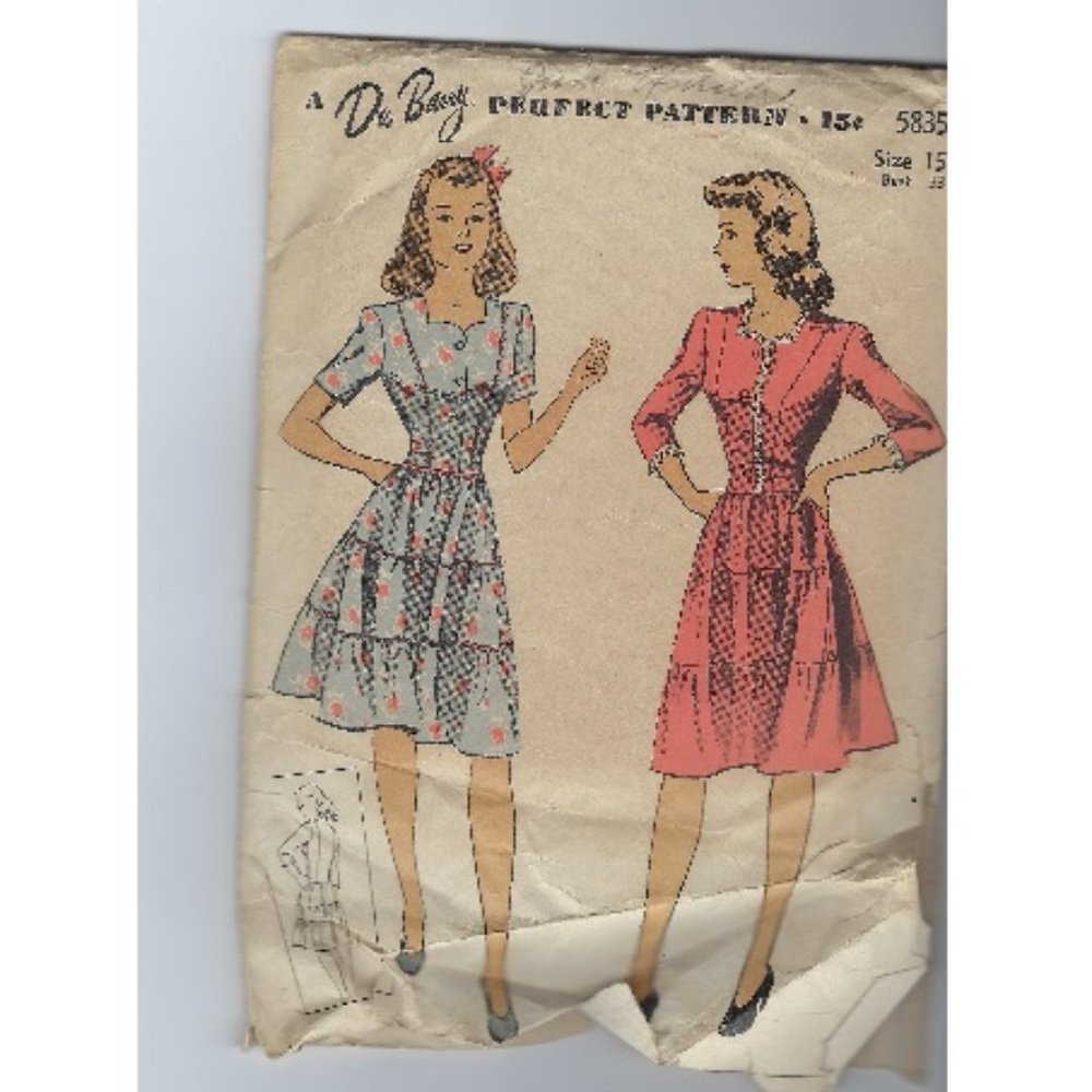 Vintage 1940's Du Barry Dress w/ Tiered Skirt Sewing Pattern Sz 15 Complete